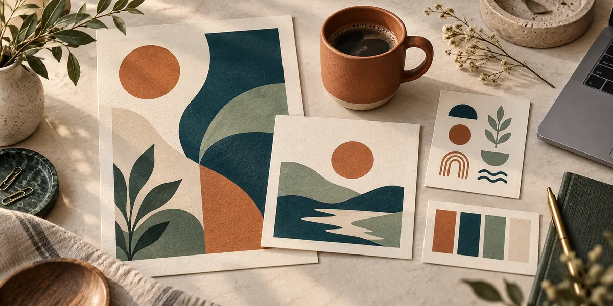 Terracotta, dark blue and sage artwork, icons and color swatches arranged beside a ceramic cup on a studio table.