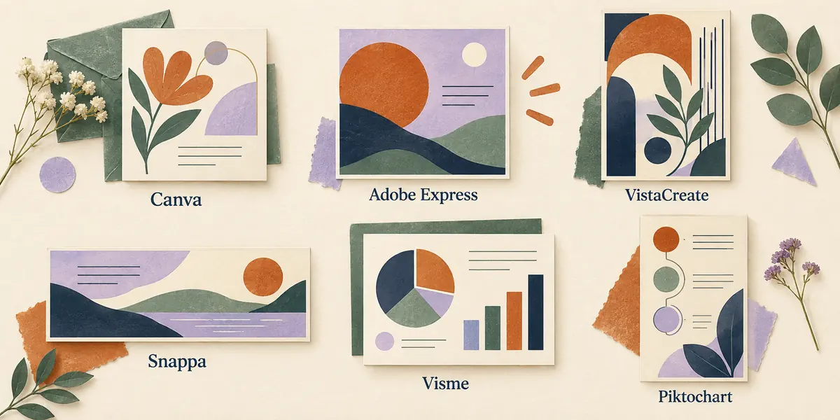 Illustrated design tasks labeled Canva, Adobe Express, VistaCreate, Snappa, Visme and Piktochart.