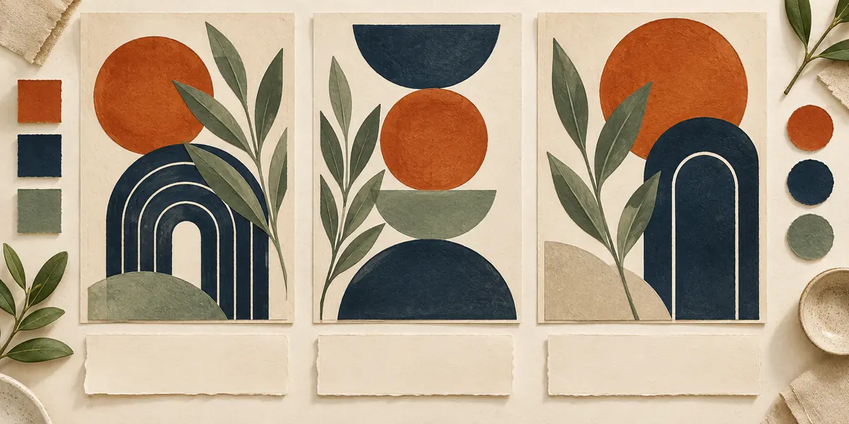 Illustration of three abstract poster studies with navy arches, orange circles and sage leaves.