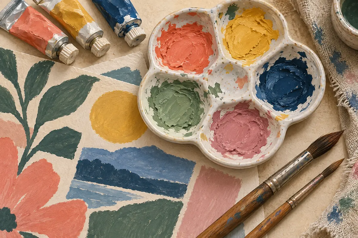 Illustration of a ceramic palette, warm gouache colors and two paint brushes.