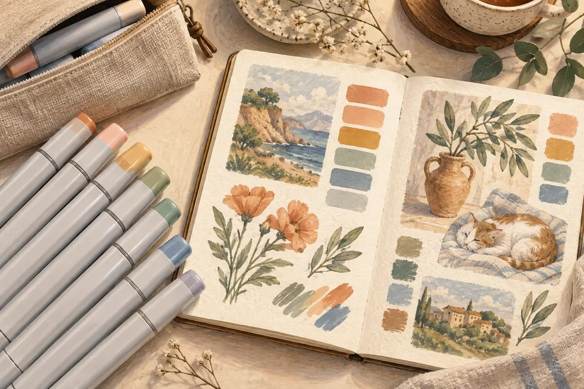 Illustration of dual-ended art markers beside a sketchbook of warm color studies.