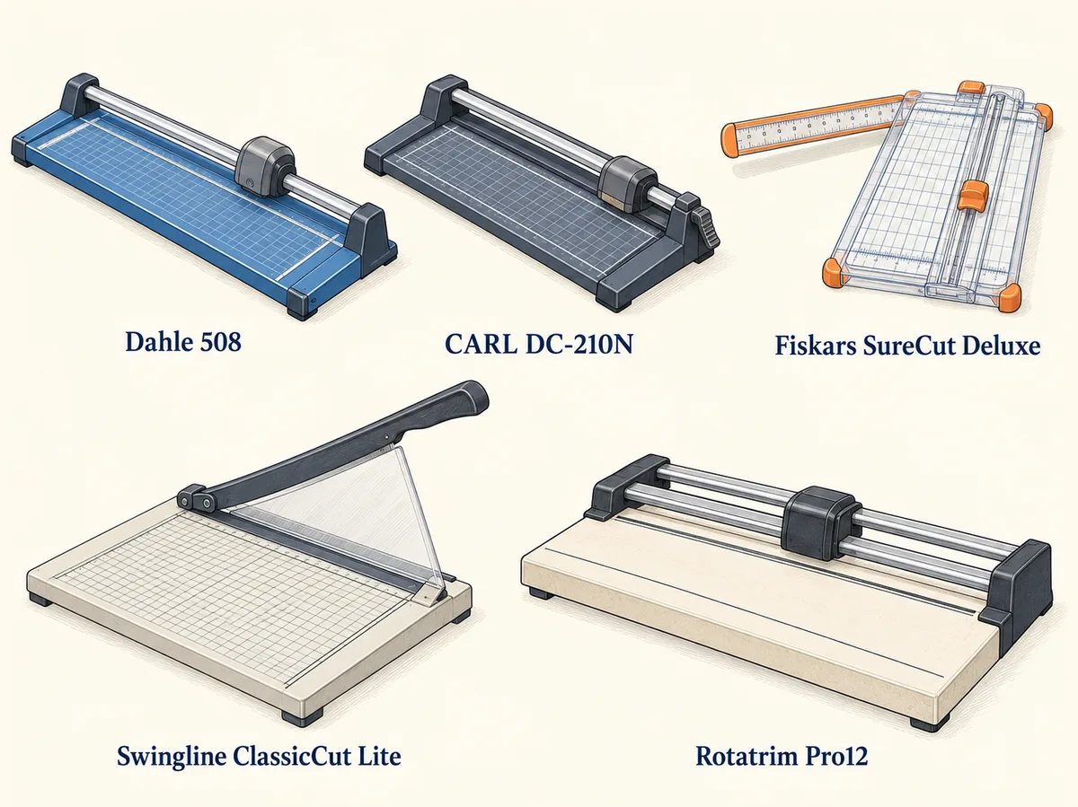 Illustrated comparison of five paper cutters with their different cutting mechanisms.