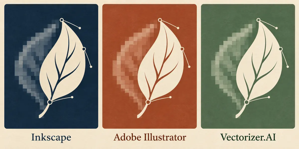 Illustrated pixel-to-path leaf studies labeled Inkscape, Adobe Illustrator and Vectorizer.AI.